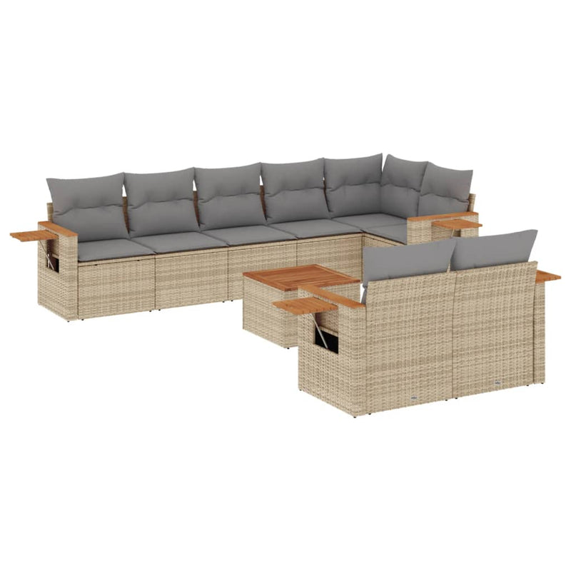 9-tlg. Garten-Sofagarnitur mit Kissen Beige Poly Rattan