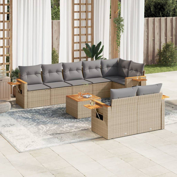 9-tlg. Garten-Sofagarnitur mit Kissen Beige Poly Rattan