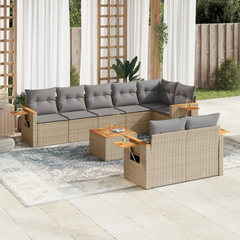 9-tlg. Garten-Sofagarnitur mit Kissen Grau Poly Rattan