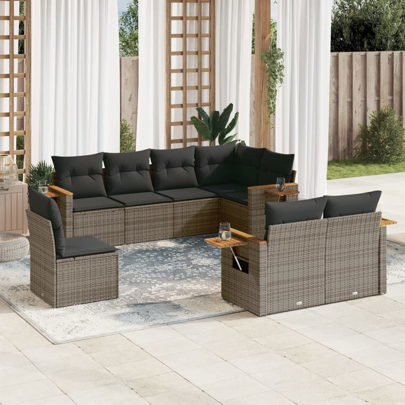 8-tlg. Garten-Sofagarnitur mit Kissen Grau Poly Rattan