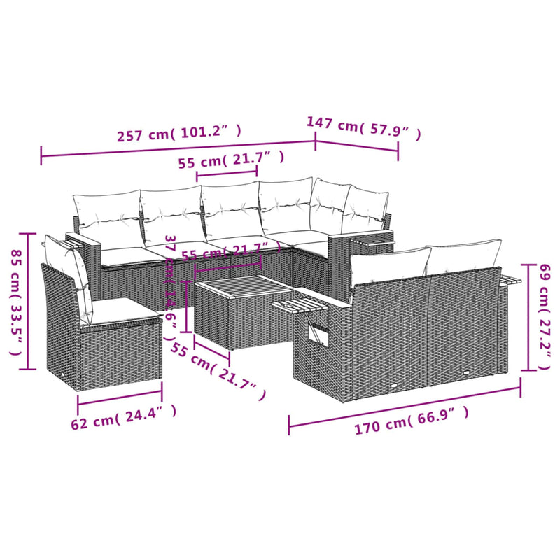 9-tlg. Garten-Sofagarnitur mit Kissen Beige Poly Rattan