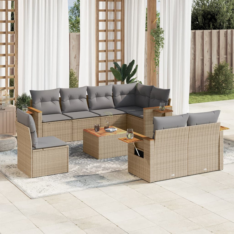 9-tlg. Garten-Sofagarnitur mit Kissen Beige Poly Rattan