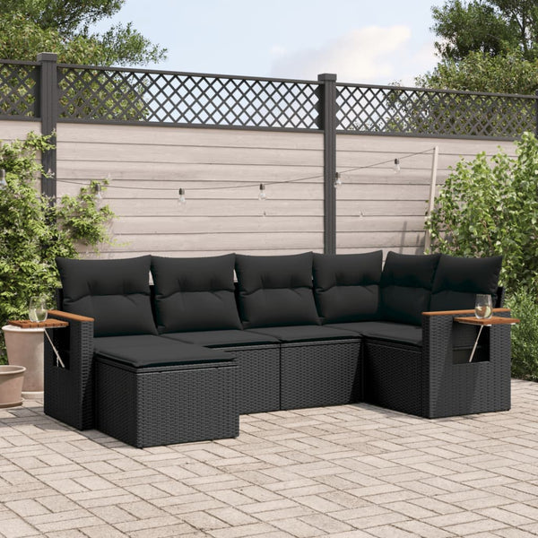 6-tlg. Garten-Sofagarnitur mit Kissen Schwarz Poly Rattan