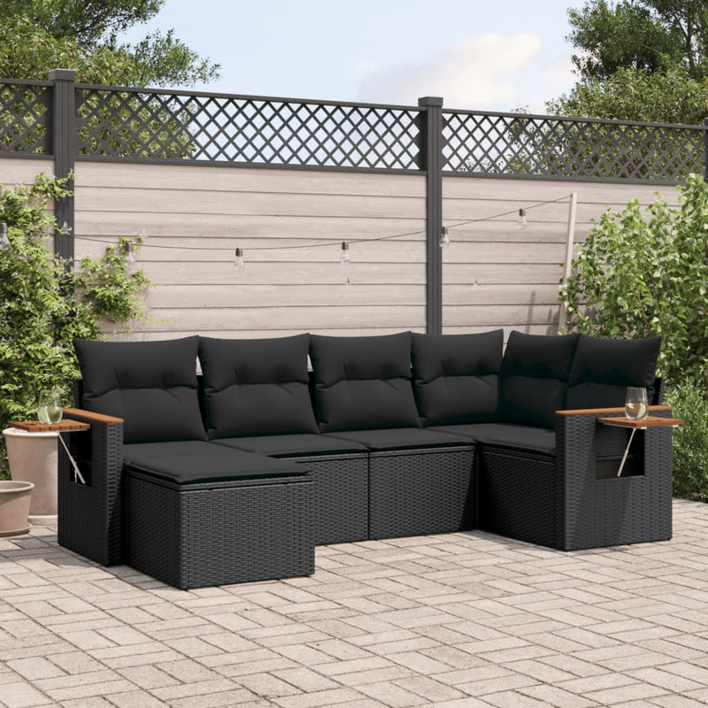 6-tlg. Garten-Sofagarnitur mit Kissen Schwarz Poly Rattan