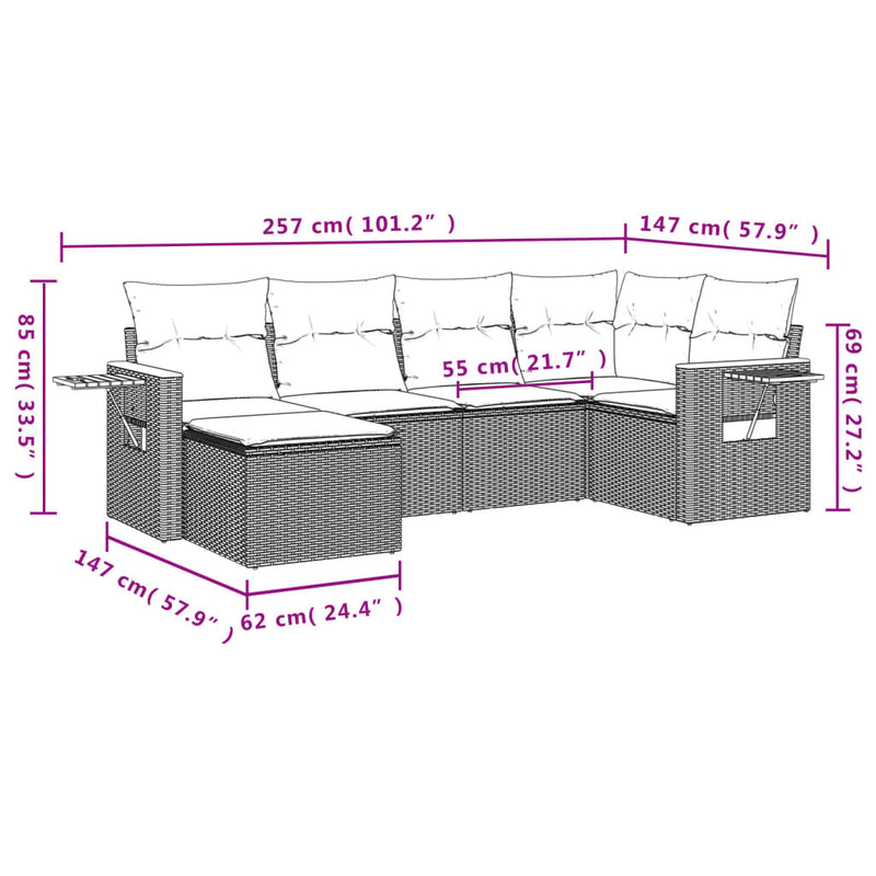 6-tlg. Garten-Sofagarnitur mit Kissen Beige Poly Rattan