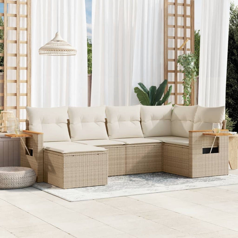 6-tlg. Garten-Sofagarnitur mit Kissen Beige Poly Rattan