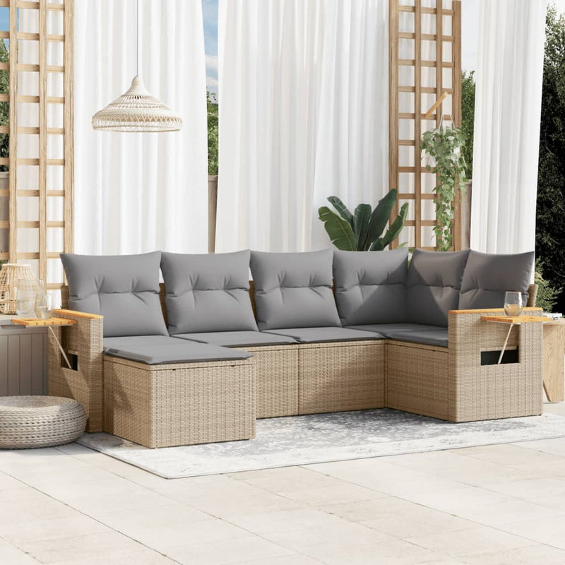 6-tlg. Garten-Sofagarnitur mit Kissen Beige Poly Rattan