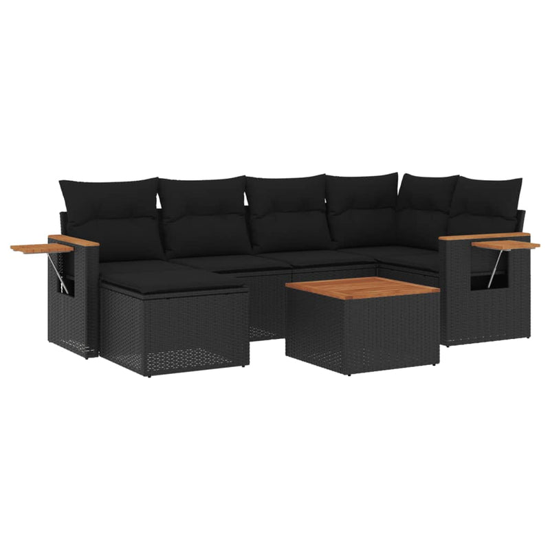 7-tlg. Garten-Sofagarnitur mit Kissen Schwarz Poly Rattan