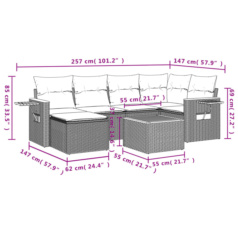 7-tlg. Garten-Sofagarnitur mit Kissen Schwarz Poly Rattan