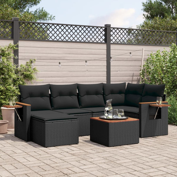 7-tlg. Garten-Sofagarnitur mit Kissen Schwarz Poly Rattan