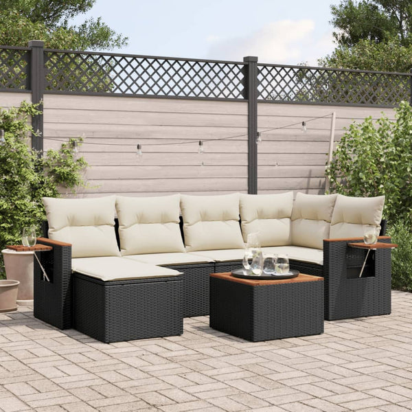 7-tlg. Garten-Sofagarnitur mit Kissen Schwarz Poly Rattan