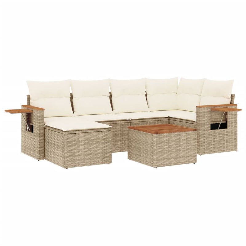 7-tlg. Garten-Sofagarnitur mit Kissen Beige Poly Rattan