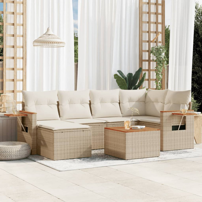 7-tlg. Garten-Sofagarnitur mit Kissen Beige Poly Rattan