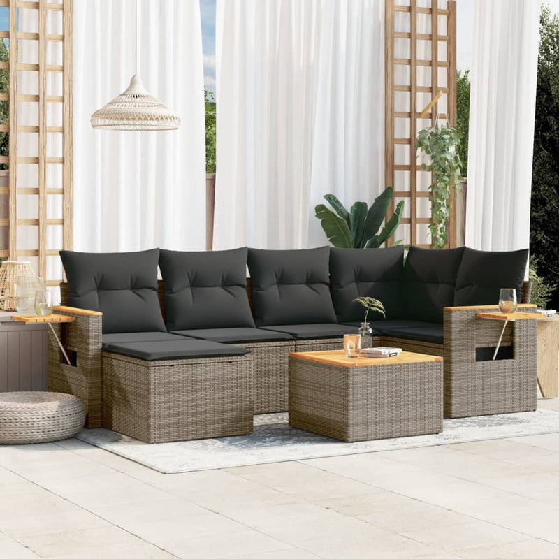 7-tlg. Garten-Sofagarnitur mit Kissen Grau Poly Rattan