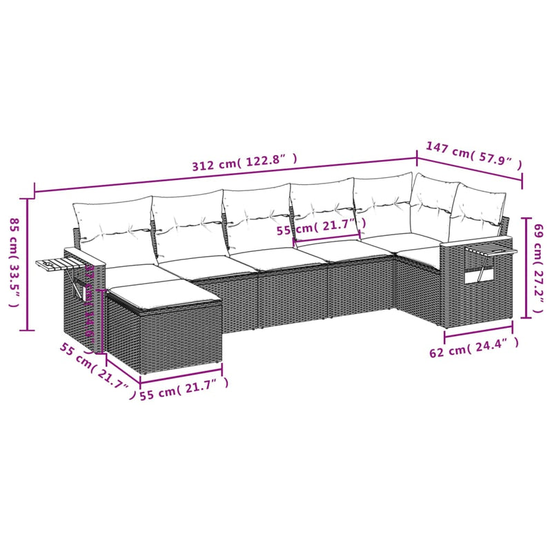 7-tlg. Garten-Sofagarnitur mit Kissen Schwarz Poly Rattan