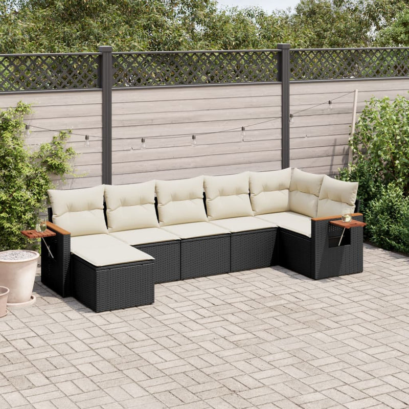 7-tlg. Garten-Sofagarnitur mit Kissen Schwarz Poly Rattan