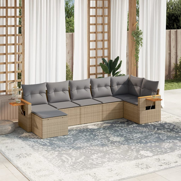 7-tlg. Garten-Sofagarnitur mit Kissen Beige Poly Rattan