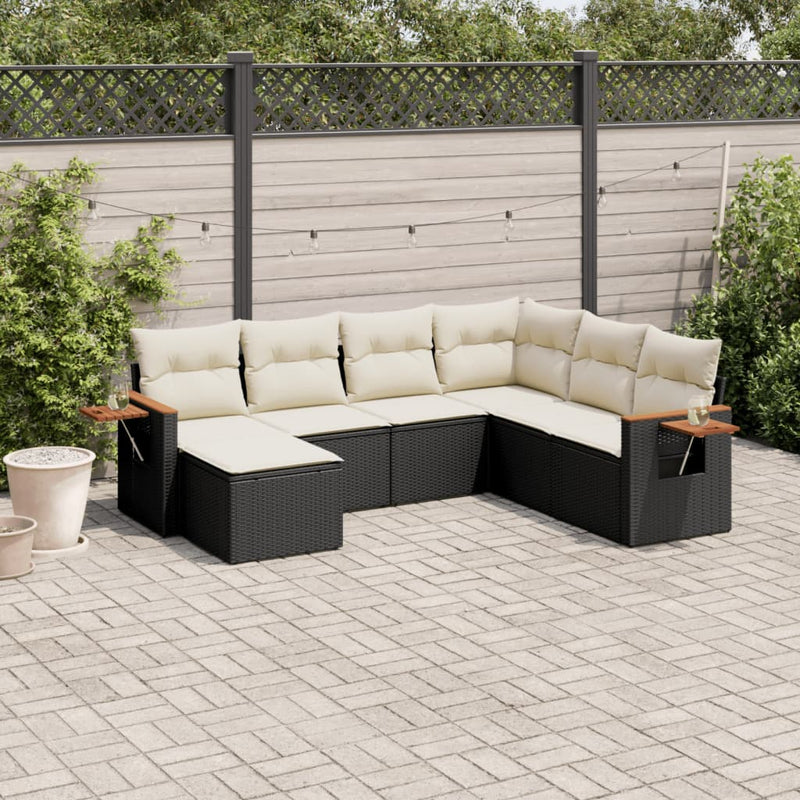 7-tlg. Garten-Sofagarnitur mit Kissen Schwarz Poly Rattan