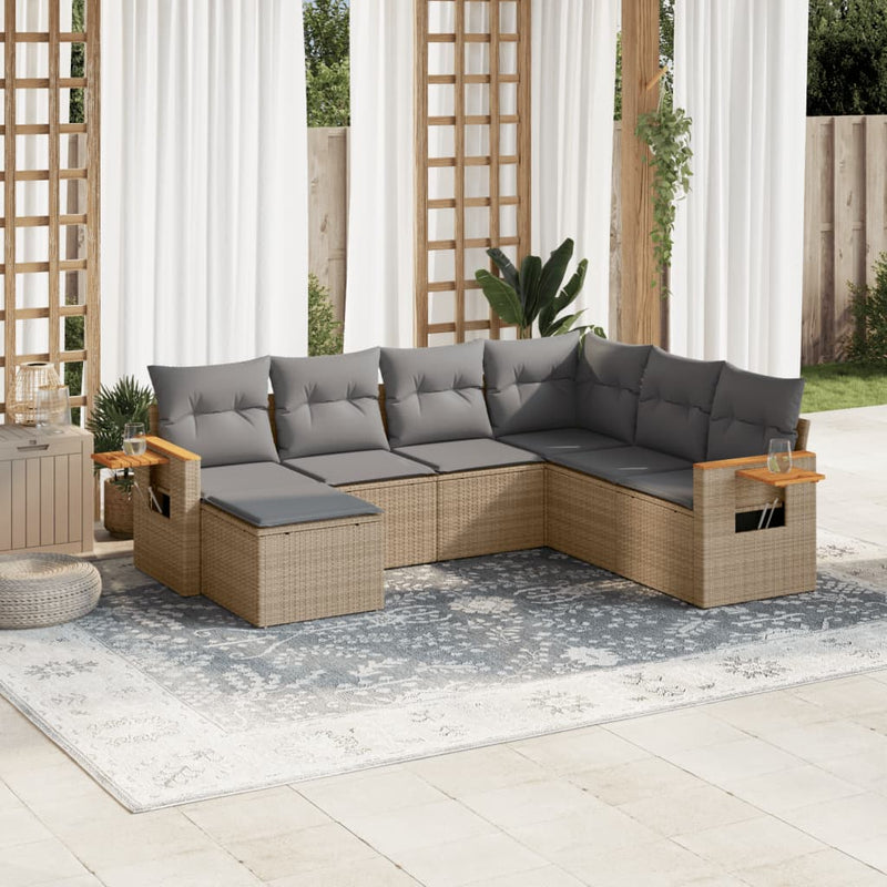 7-tlg. Garten-Sofagarnitur mit Kissen Beige Poly Rattan