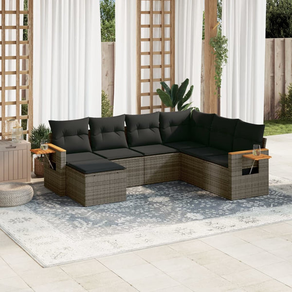 7-tlg. Garten-Sofagarnitur mit Kissen Grau Poly Rattan