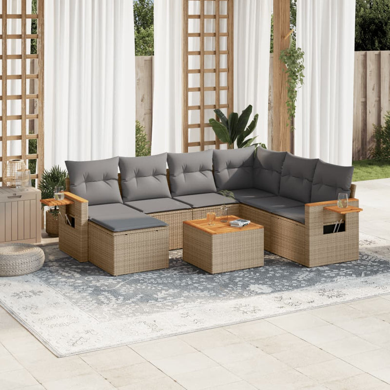 8-tlg. Garten-Sofagarnitur mit Kissen Beige Poly Rattan