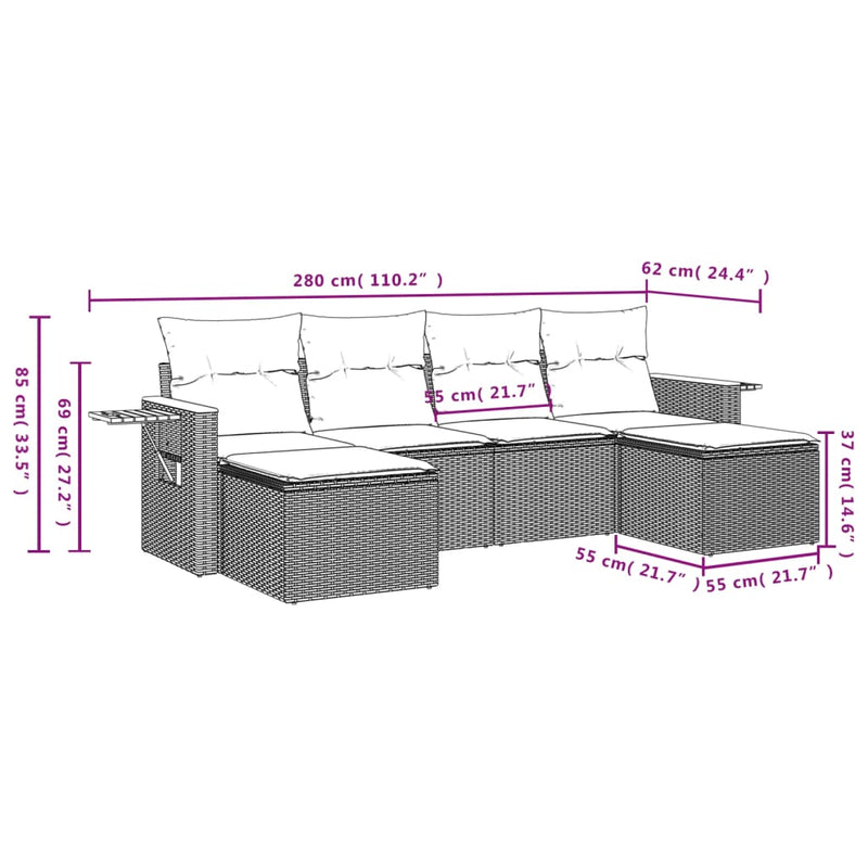 6-tlg. Garten-Sofagarnitur mit Kissen Schwarz Poly Rattan