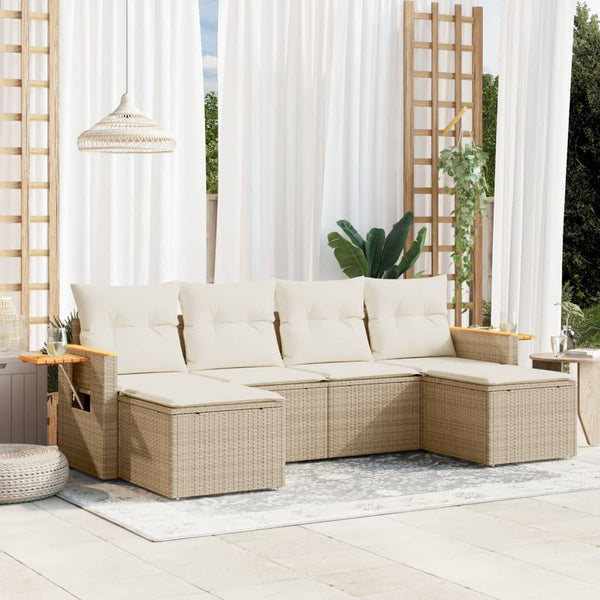 6-tlg. Garten-Sofagarnitur mit Kissen Beige Poly Rattan