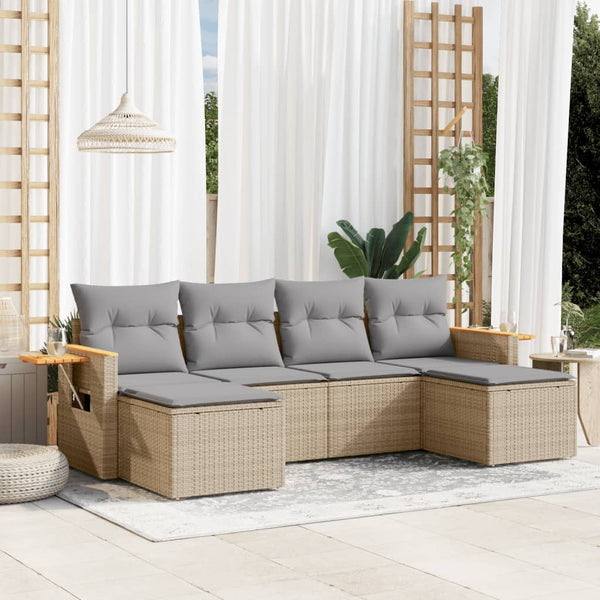 6-tlg. Garten-Sofagarnitur mit Kissen Beige Poly Rattan