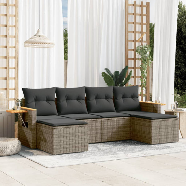 6-tlg. Garten-Sofagarnitur mit Kissen Grau Poly Rattan