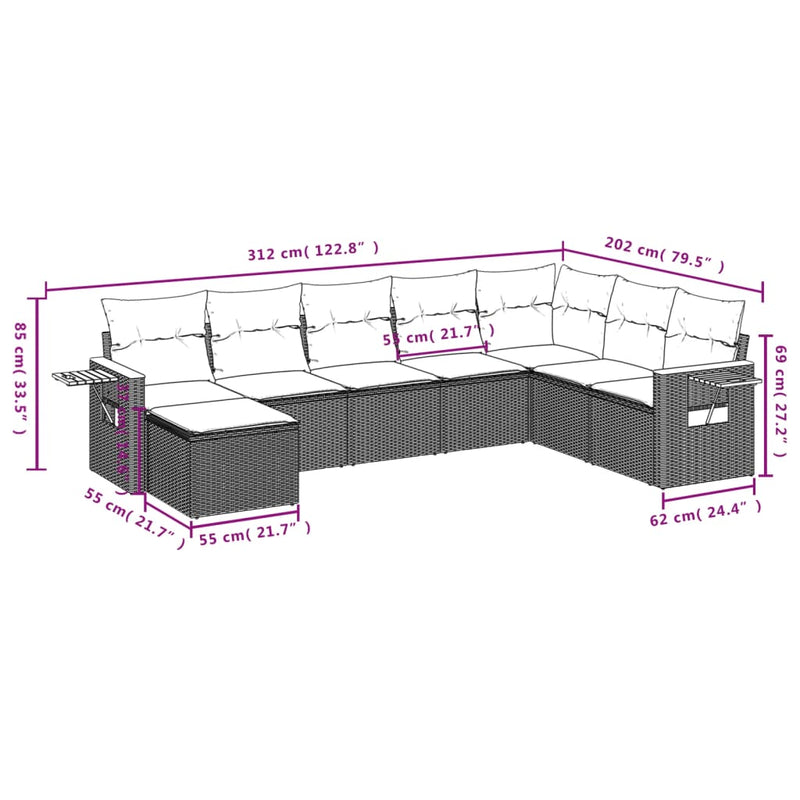 8-tlg. Garten-Sofagarnitur mit Kissen Grau Poly Rattan