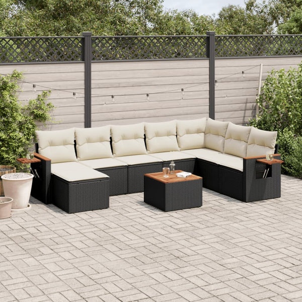 9-tlg. Garten-Sofagarnitur mit Kissen Schwarz Poly Rattan