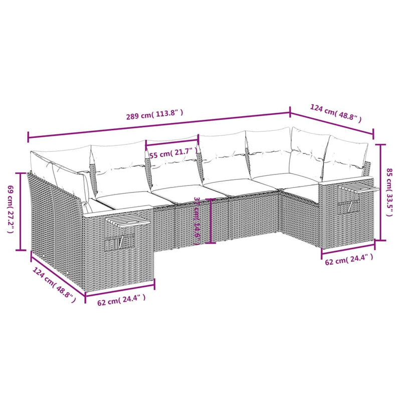 7-tlg. Garten-Sofagarnitur mit Kissen Schwarz Poly Rattan