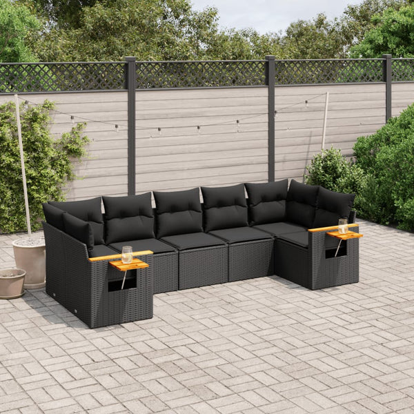 7-tlg. Garten-Sofagarnitur mit Kissen Schwarz Poly Rattan