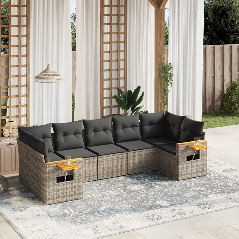 7-tlg. Garten-Sofagarnitur mit Kissen Grau Poly Rattan