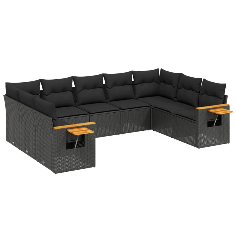 9-tlg. Garten-Sofagarnitur mit Kissen Schwarz Poly Rattan