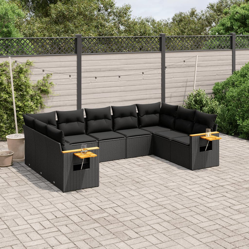 9-tlg. Garten-Sofagarnitur mit Kissen Schwarz Poly Rattan