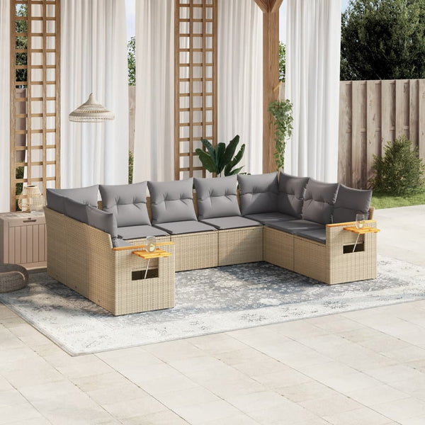 9-tlg. Garten-Sofagarnitur mit Kissen Beige Poly Rattan