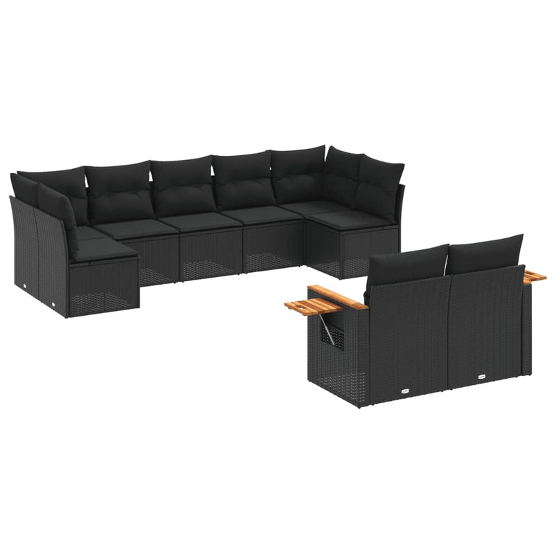 9-tlg. Garten-Sofagarnitur mit Kissen Schwarz Poly Rattan