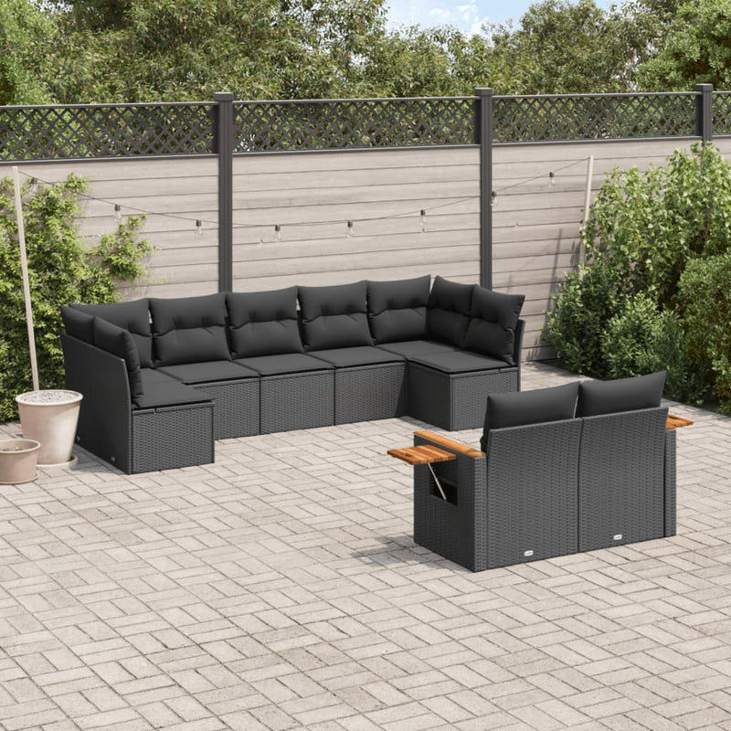 9-tlg. Garten-Sofagarnitur mit Kissen Schwarz Poly Rattan