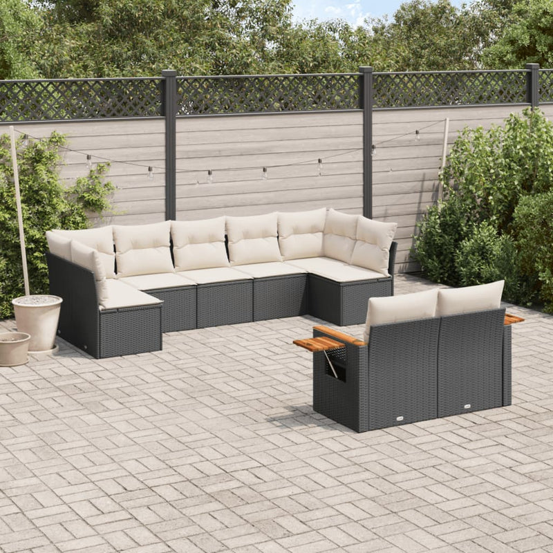 9-tlg. Garten-Sofagarnitur mit Kissen Schwarz Poly Rattan