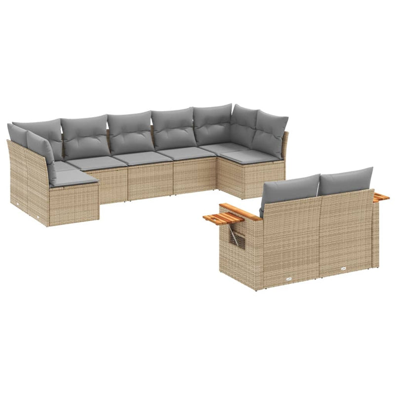 9-tlg. Garten-Sofagarnitur mit Kissen Beige Poly Rattan