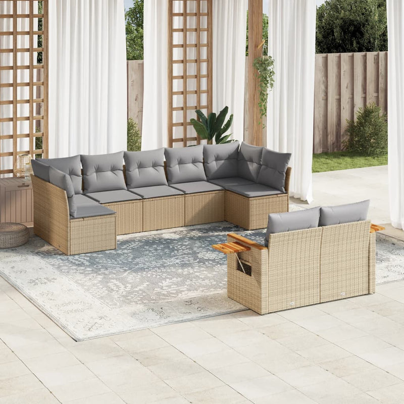 9-tlg. Garten-Sofagarnitur mit Kissen Beige Poly Rattan