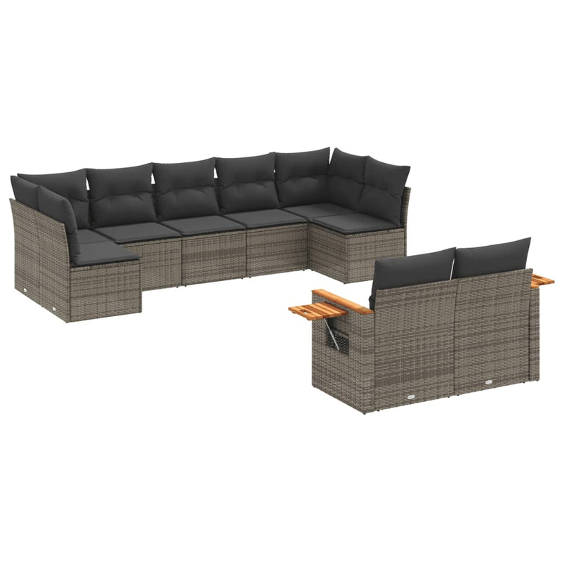 9-tlg. Garten-Sofagarnitur mit Kissen Grau Poly Rattan