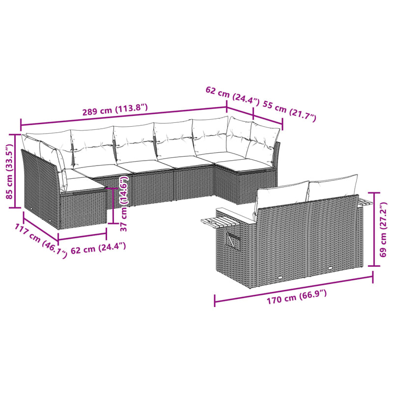 9-tlg. Garten-Sofagarnitur mit Kissen Grau Poly Rattan