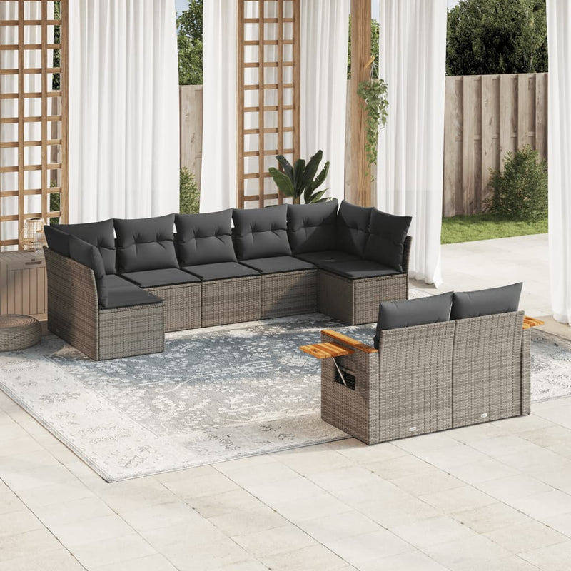 9-tlg. Garten-Sofagarnitur mit Kissen Grau Poly Rattan