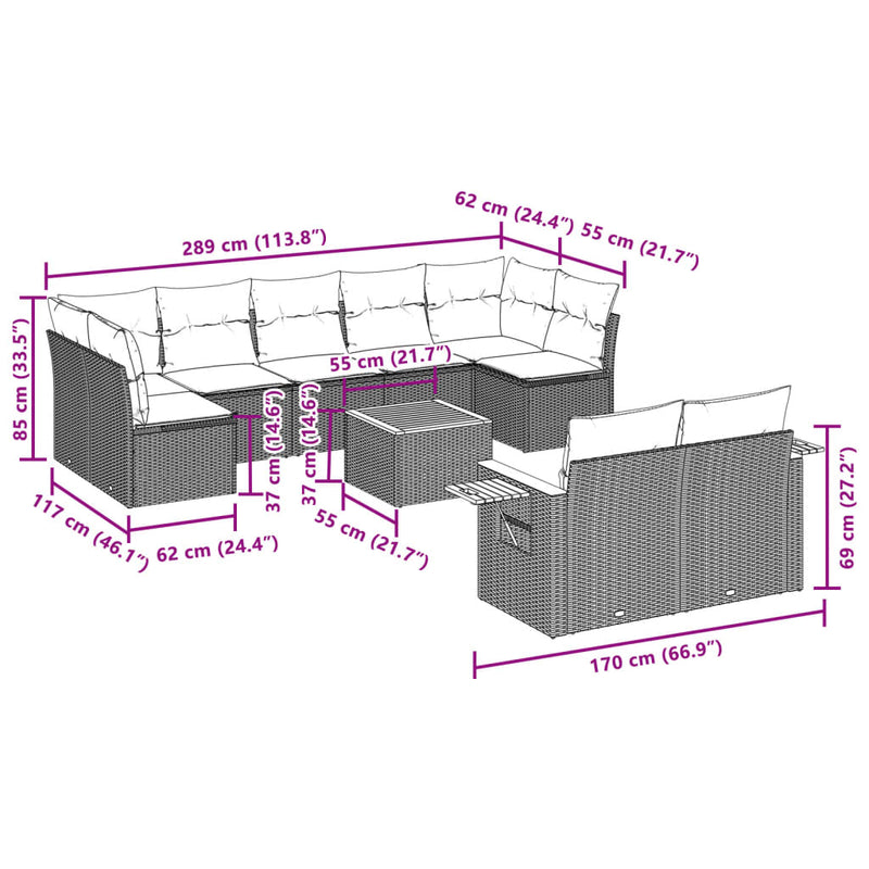 10-tlg. Garten-Sofagarnitur mit Kissen Grau Poly Rattan