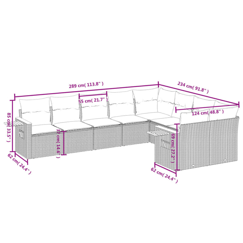 9-tlg. Garten-Sofagarnitur mit Kissen Schwarz Poly Rattan