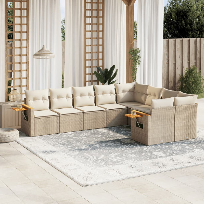 9-tlg. Garten-Sofagarnitur mit Kissen Beige Poly Rattan