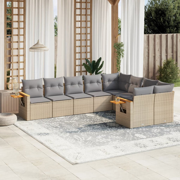 9-tlg. Garten-Sofagarnitur mit Kissen Beige Poly Rattan