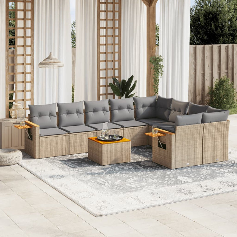 10-tlg. Garten-Sofagarnitur mit Kissen Beige Poly Rattan